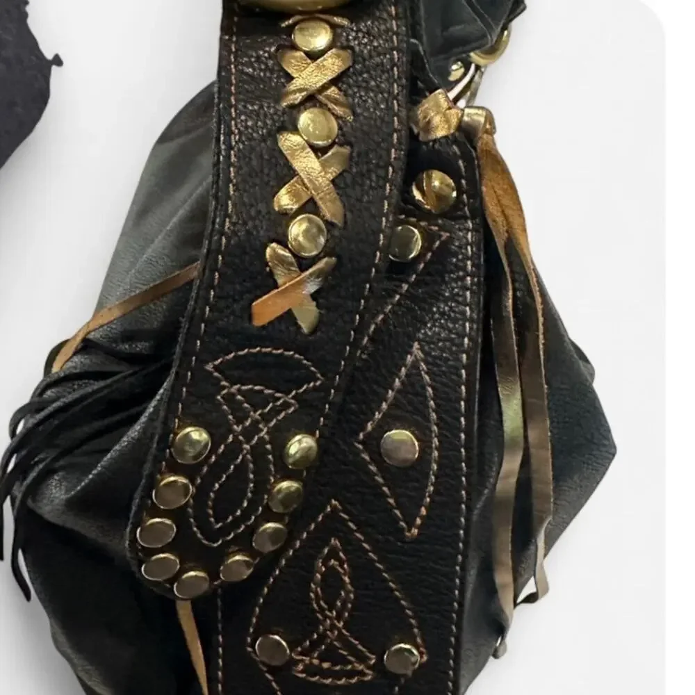 Coco Blanco Genuine Leather Boho Studded Tassel Hobo Shoulder Bag